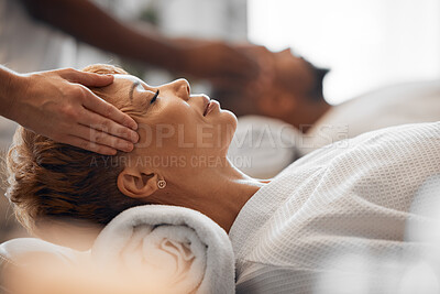 Buy stock photo Relax woman, head massage and couple spa beauty, facial wellness and luxury zen therapy for stress relief. Salon therapist touch face, scalp and healing sleeping female for peace, skincare and calm