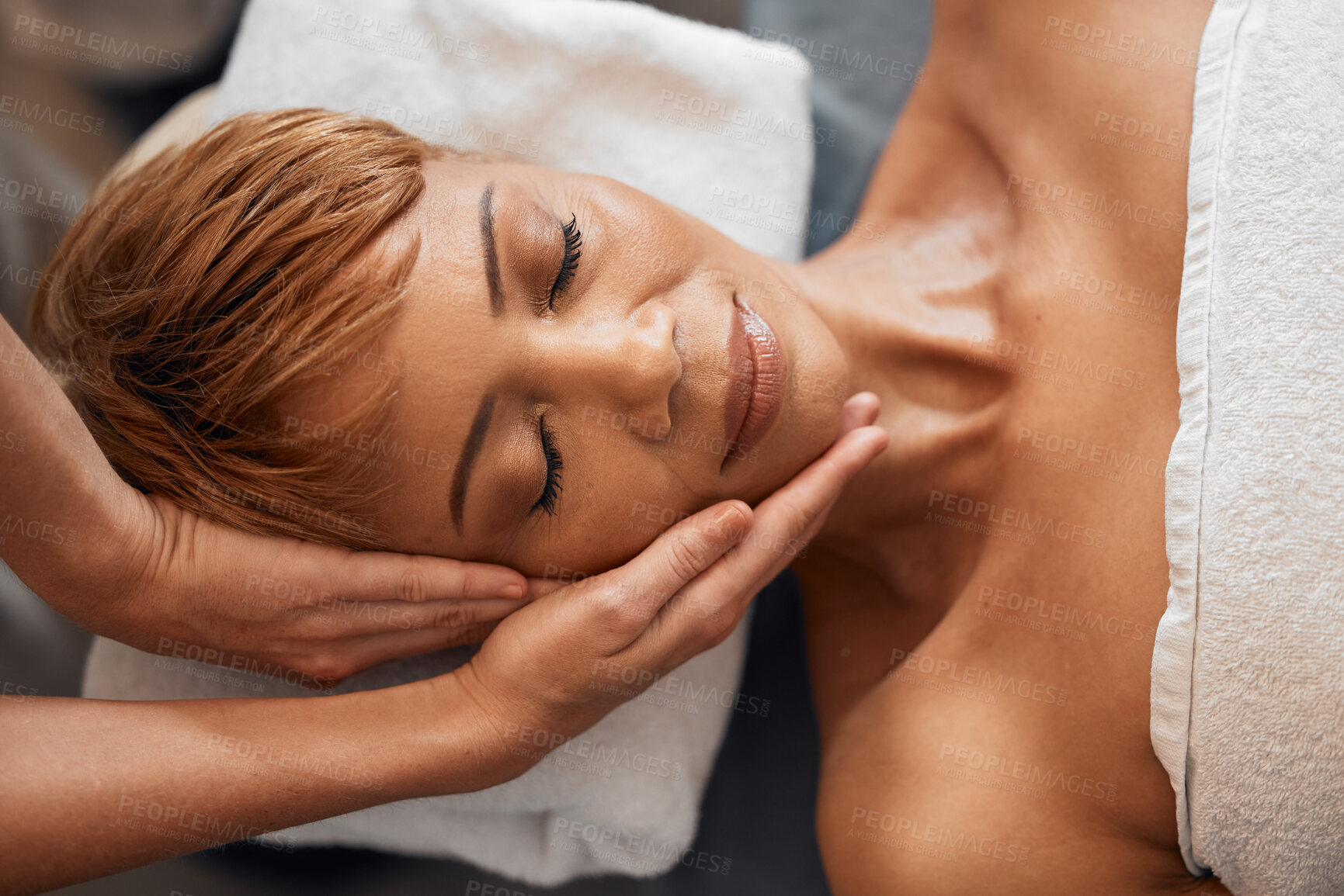 Buy stock photo Black woman, massage and beauty facial with luxury organic treatment on head at natural health spa to relax, release stress and detox skin. Cosmetic skincare, wellness treatment and smile with peace 