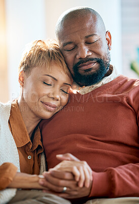 Buy stock photo Senior black couple, holding hands on sofa or comfort bonding care with smile happiness in home living room. Mature black man, happy black woman on relax couch with love in house together for support