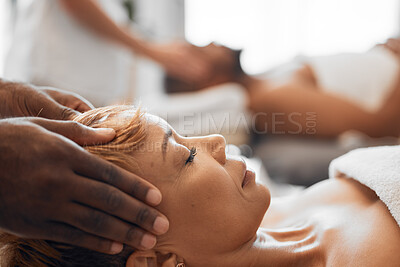 Buy stock photo Relax, black woman and massage spa hotel therapist for luxury, health and wellness lifestyle. Masseuse, peace and therapy treatment for calm relaxation of body and mind at luxurious salon.
