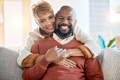 Buy stock photo Happy, love and portrait of black couple on sofa for relax, retirement or support together. Smile, hug or marriage with old man and woman in living room at home for bonding, relationship or lifestyle