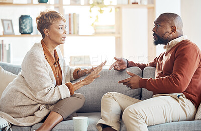 Buy stock photo Marriage problem, argument and couple on sofa angry and talking about finance, home mortgage loan or a serious decision. Communication, family law and talking of black people with divorce discussion