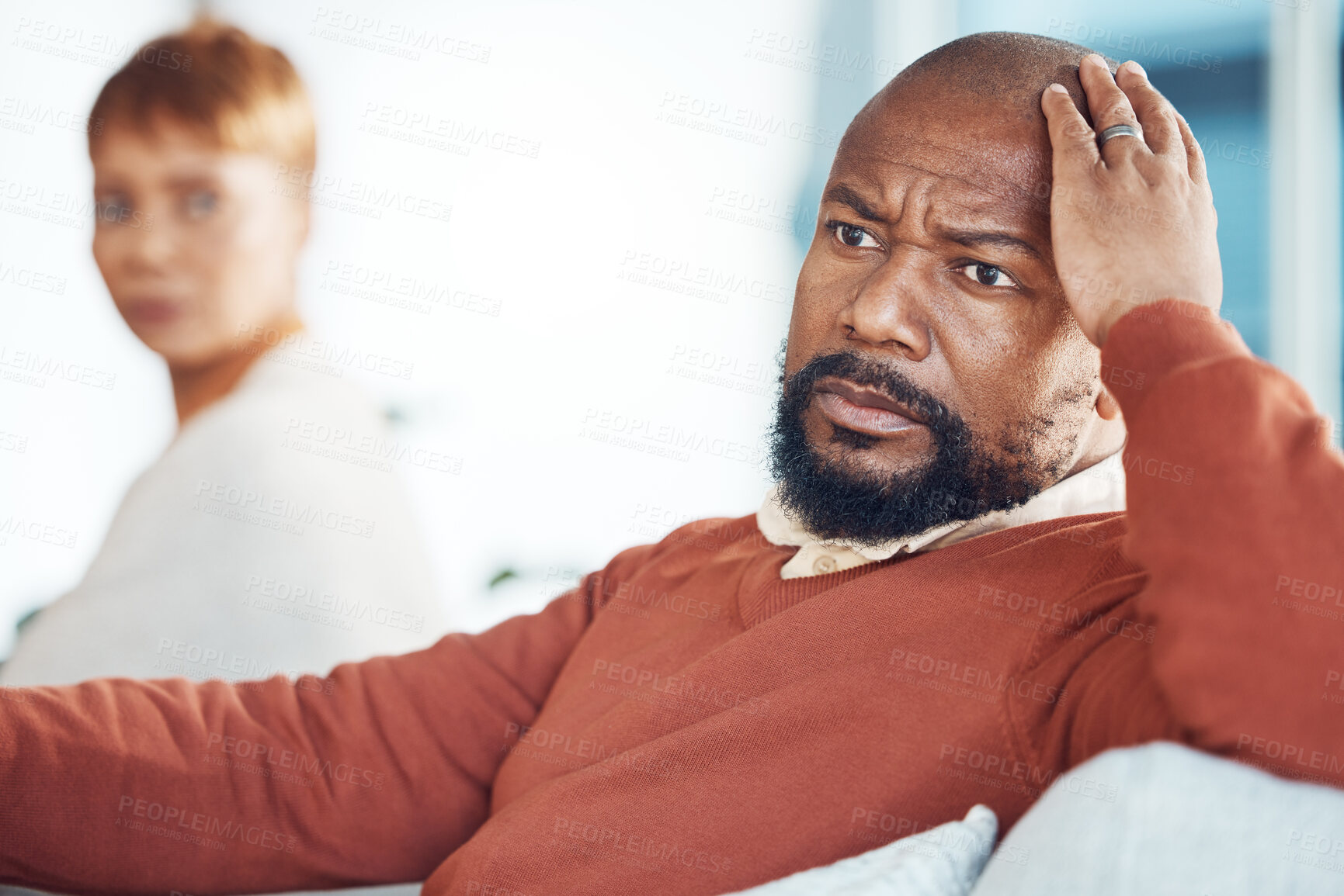 Buy stock photo Black man ignore partner in couple fight, divorce and angry affair, stress and anxiety in marriage conflict, toxic relationship and problem. Husband feeling angry, frustrated and depressed with wife 