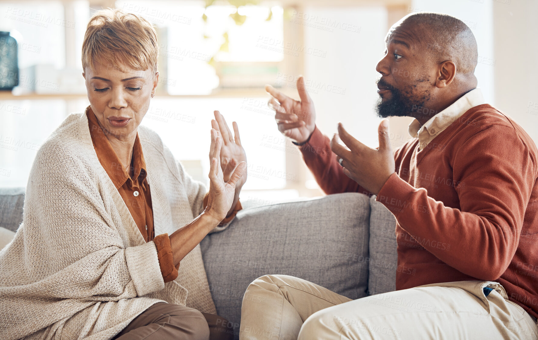 Buy stock photo Divorce fight, communication and couple in argument disagreement, conversation or discussion of relationship problem. Marriage fail, partnership crisis and frustrated black woman and man in conflict