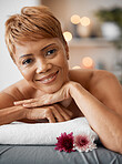 Mature black woman, spa or luxury wellness in hotel beauty salon, healthcare center or massage clinic. Portrait, smile or happy person in relax, zen or peace hospitality resort for self love skincare