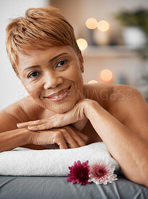 Buy stock photo Mature black woman, spa or luxury wellness in hotel beauty salon, healthcare center or massage clinic. Portrait, smile or happy person in relax, zen or peace hospitality resort for self love skincare
