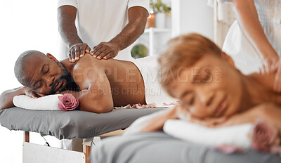 Buy stock photo Black couple, massage in spa with massage therapist and wellness, romantic holiday for stress relief and body care. Beauty, calm and health with luxury service, aromatherapy and body wellbeing.