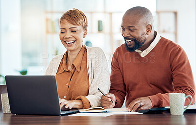 Buy stock photo Smile, black couple and laptop doing budget, check savings amount and investments together for retirement plan. Retired, mature man and senior woman confirm finances, being happy and laugh at home.