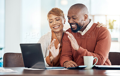 Buy stock photo Wave, laptop and happy black couple on a video call in conversation, talking and speaking to friends. Smile, social and social black woman saying hello with partner to black people on the internet