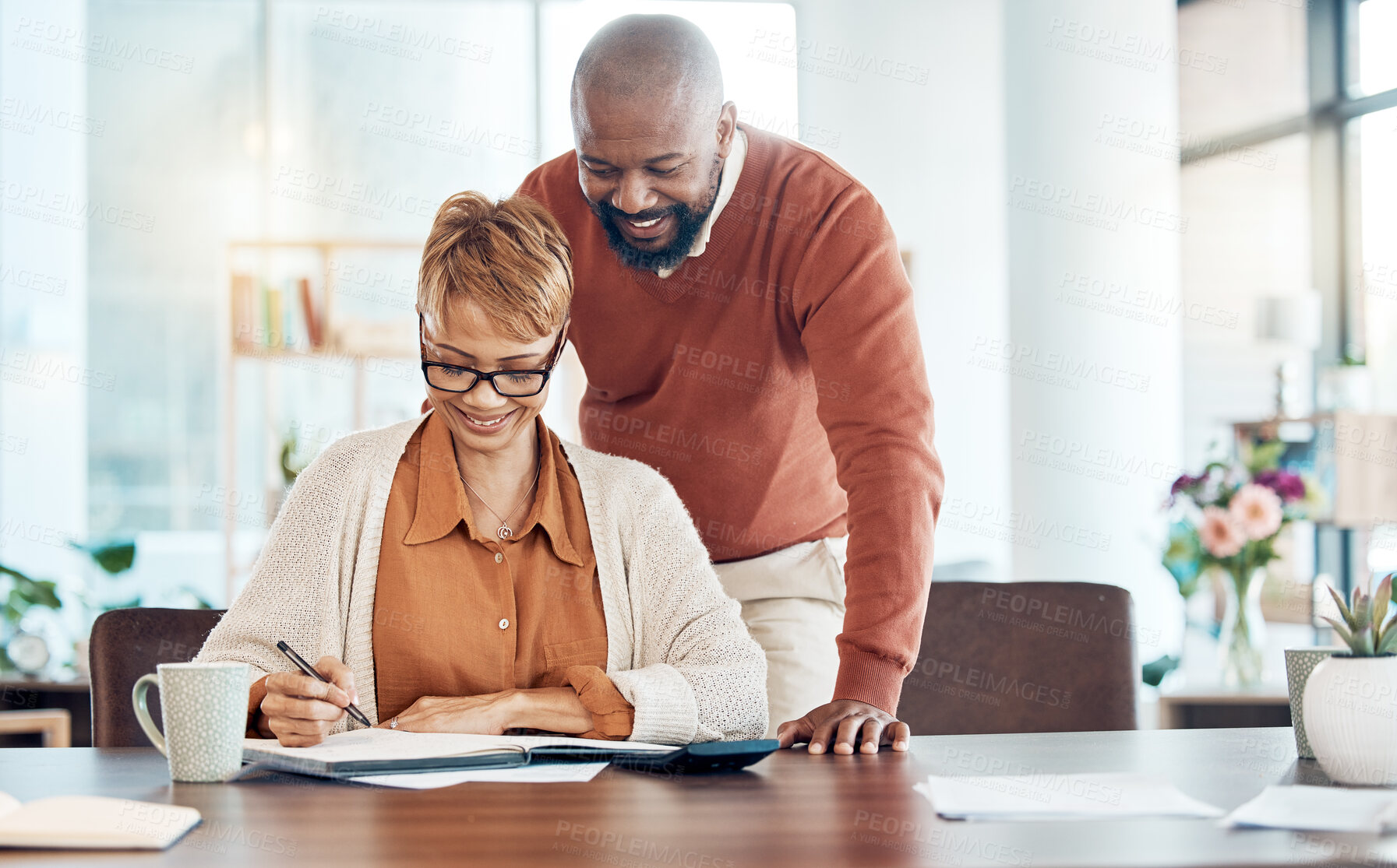 Buy stock photo Black couple, budget and check savings for investment, retirement plan and smile together. Man, woman and manage finance for retired years, banking for future and happy with money growth and profits.