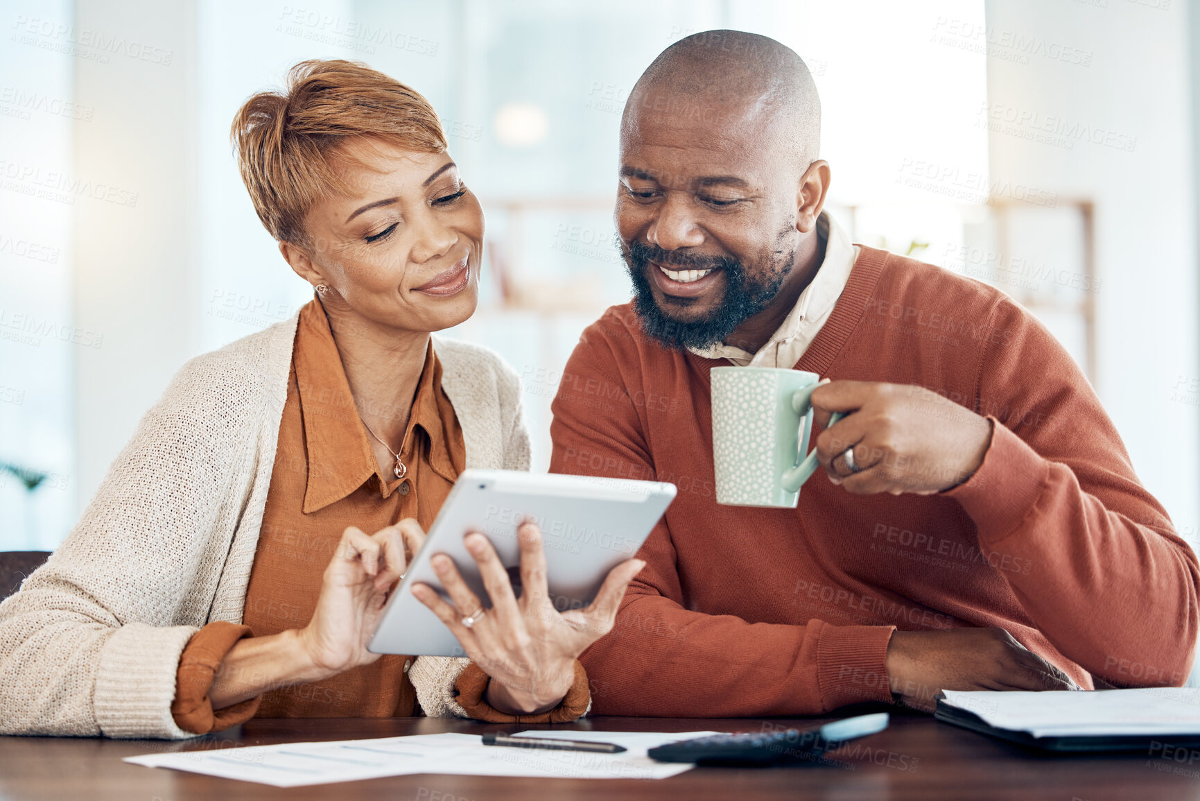 Buy stock photo Finance, tablet and black couple doing online banking in home to check bank statement, account and payment. Budget, accounting and middle aged man and woman with documents, paperwork and digital tech