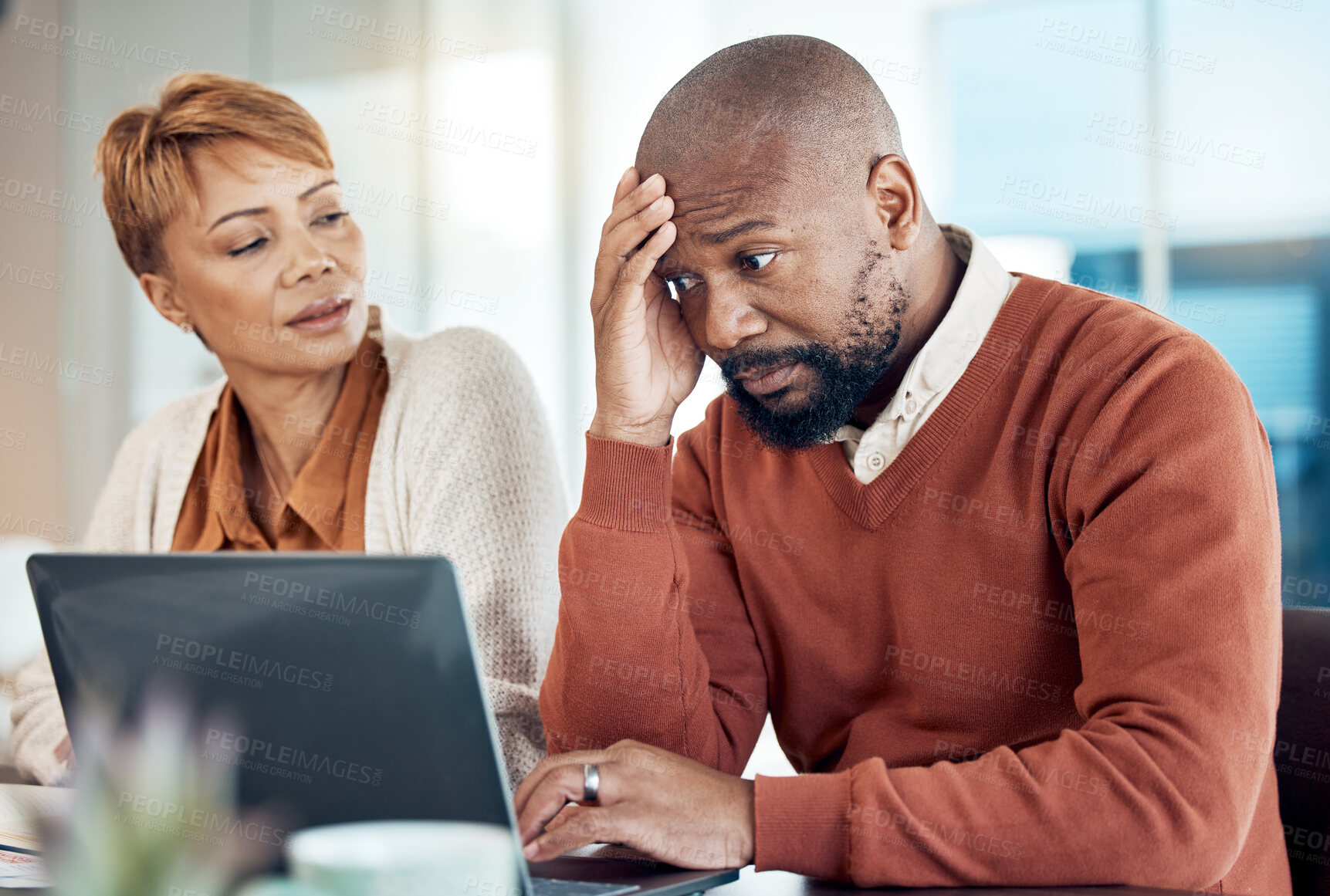 Buy stock photo Stress, finance and laptop by senior couple checking budget, savings and expenses while paying bills in kitchen.  Anxiety, family and debt by black woman disappointed, annoyed and frustrated with man