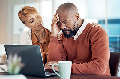 Buy stock photo Sad couple, laptop or finance stress for tax, house mortgage loan or internet investment fail. Financial loss, tech or black woman and man comfort for bad budget planning, home insurance debt or loan