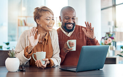 Buy stock photo Black couple, video call and laptop to connect, have conversation and online chatting with coffee in living room. Digital device, senior man and mature woman happy for communication or wave at screen