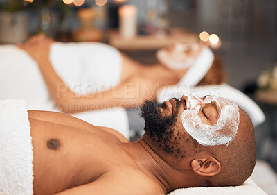 Buy stock photo Spa, facial and couple relax with skincare, beauty and cosmetic treatment, wellness and pamper. Man, woman and face, skin and body care at luxury salon in Thailand, zen, peace and serenity together