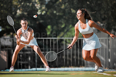 Buy stock photo Fitness, team and women with tennis on tennis court, athlete playing game with focus and sport workout outdoor. Sports match, young and cardio while training and exercise together with teamwork.
