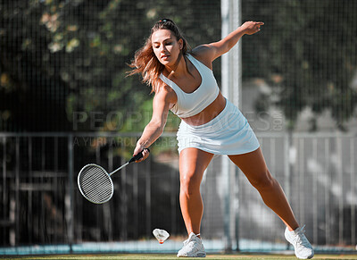 Buy stock photo Badminton, sports and woman athlete with a racket ready to swing in outdoor sport game. Young female player doing cardio exercise, match training and a wellness workout on a fitness court for health