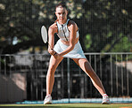 Tennis, woman and focus, sport on tennis court outdoor, fitness and exercise with tennis racket and ready for game. Athlete, young and strong, workout and healthy active lifestyle with sports.