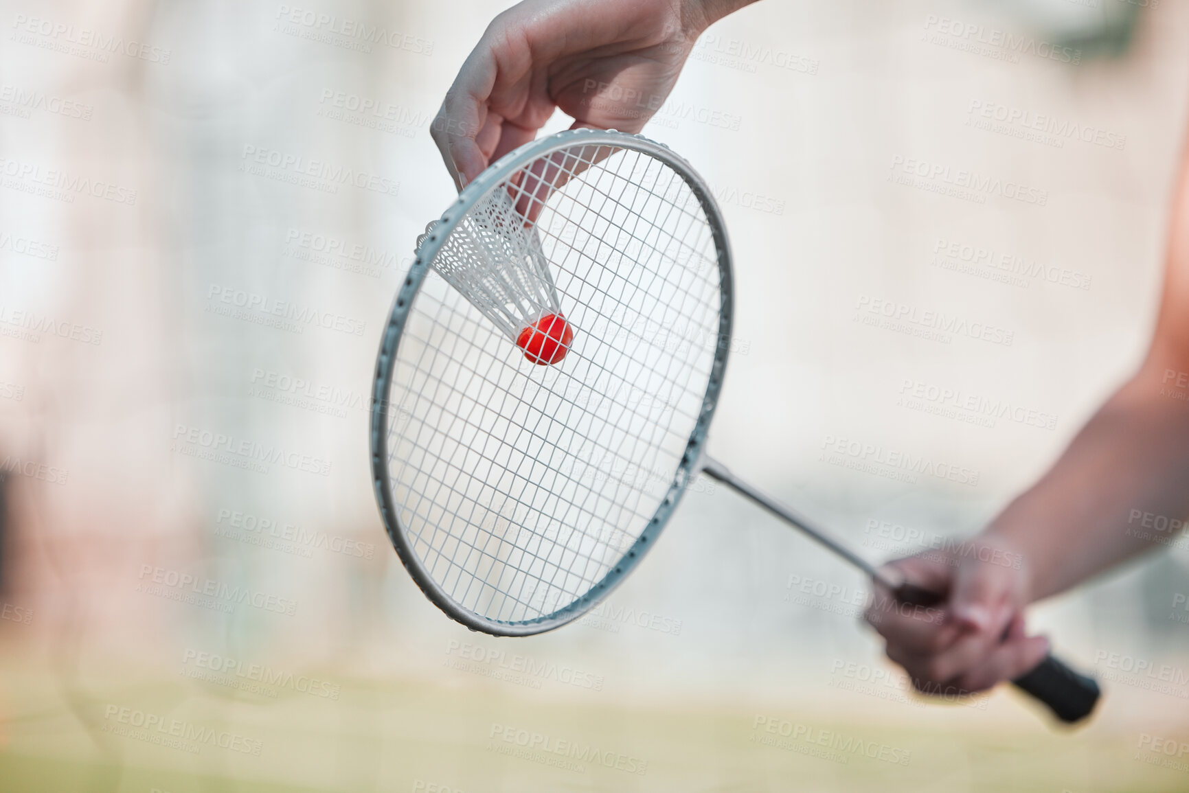 Buy stock photo Sports, badminton and shuttlecock with racket and hands of woman training for games, competition and health. Match, workout and exercise with athlete ready to serve for goal, fitness and action