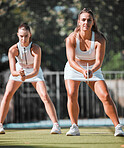 Fitness, motivation and sport women for badminton, sports wellness, training or workout match on court. Focus, teamwork or health girl for motivation, cardio exercise or team building game outdoor