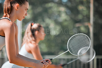 Buy stock photo Badminton, game and sports serve of women ready for fitness, workout and exercise team training. Waiting, double match and athlete teamwork of people on a outdoor tennis court with focus together