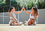 Badminton, teamwork or fitness high five woman for match training motivation, sports wellness or training game on court. Team building, health or team for cardio exercise, sport workout or support