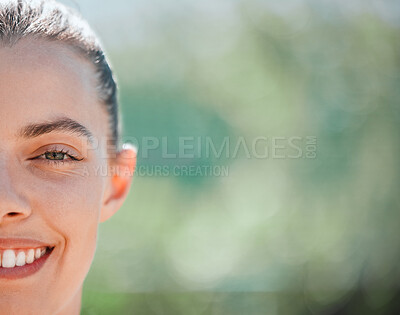 Buy stock photo Woman, half face or mockup space in climate change marketing, planet earth security mock up or sustainability environment advertising. Portrait zoom, happy smile or nature volunteer in global warming