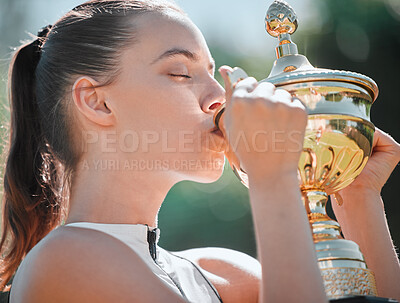 Buy stock photo Sport, winner and woman kiss trophy after tennis game success with sports achievement and fitness outdoor. Exercise, win and young athlete celebrating victory, competition champion and active.