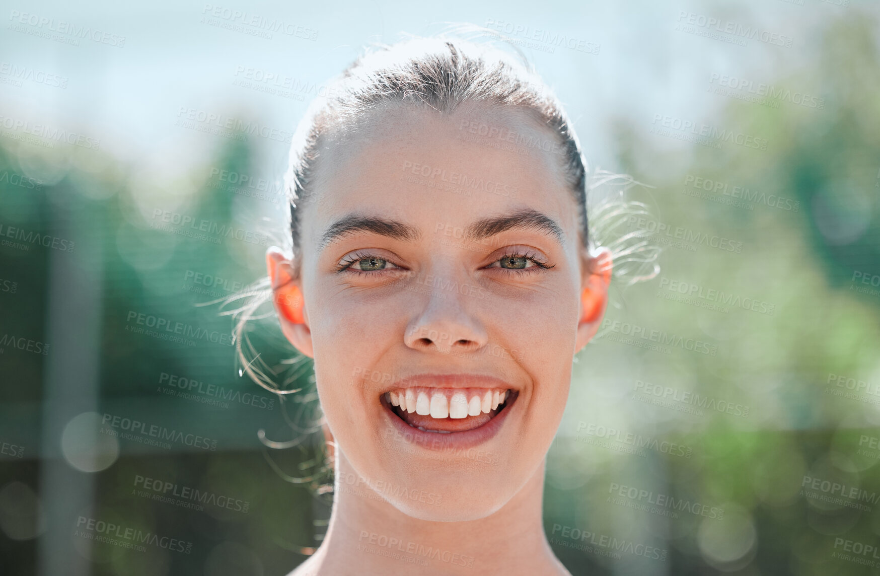 Buy stock photo Happy, woman and summer zoom portrait with excited smile on face for vacation adventure in Brazil. Wellness, happiness and good mental health of real girl enjoying outdoor sunshine on holiday.

