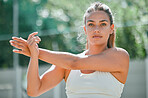 Portrait of woman, stretching hands and training for lifestyle fitness motivation in park. Young athlete girl, vision wellness and healthy body exercise or cardio muscle warm up in nature outdoors