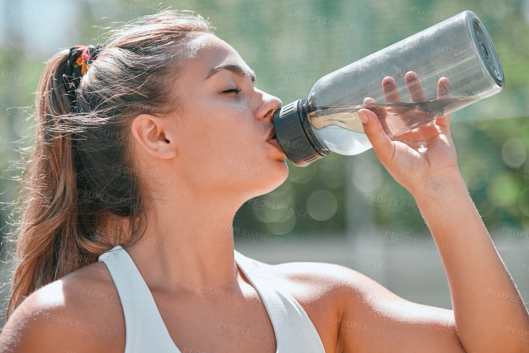 Buy stock photo Fitness, woman and drinking water bottle after training workout, exercise and outdoor cardio running in Australia. Thirsty young athlete, sports hydration and nutrition for wellness, health and body 