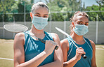 Covid mask, badminton and women sports duo ready for a sport game, match and outdoor court. Portrait of female team in the sun together with a racket for training, exercise and fitness with teamwork