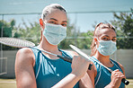 Women, badminton and covid mask of sport athlete team ready for an outdoors sports match. Teamwork, collaboration and exercise portrait of a woman and player with a racket in the sun for fitness