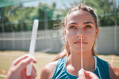 Buy stock photo Pcr test, covid and fitness woman on sports court for international law compliance check in game, match or competition approval. First aid, cotton swab and covid 19 nose testing for training athlete
