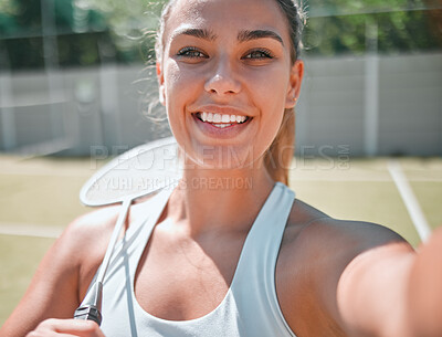 Buy stock photo Woman, athlete with tennis selfie for fitness outdoor on tennis court, happy in picture and ready for sport game. Sports, smile with tennis racket and active lifestyle, healthy and exercise portrait.