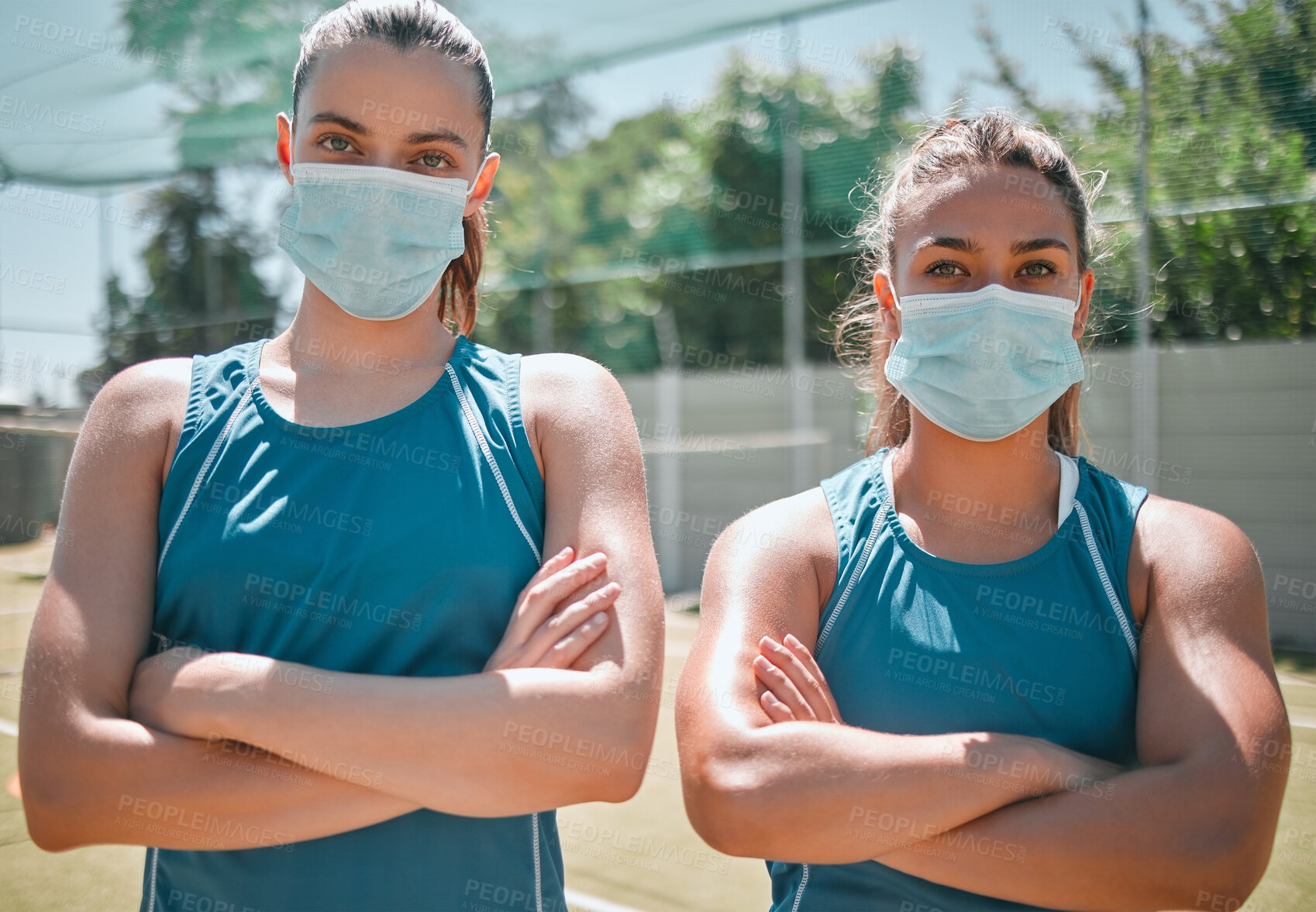 Buy stock photo Badminton, face mask and women with arms crossed for sports, training and commitment as a team on court. Teamwork, collaboration and portrait of friends with safety from covid during sport exercise