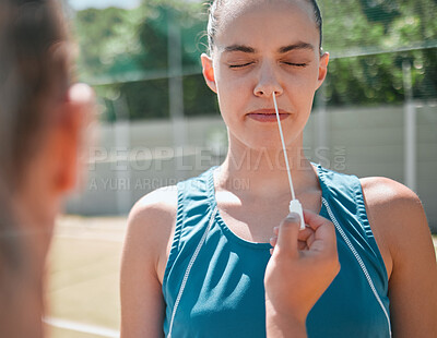 Buy stock photo Pcr test, covid and sports woman on an outdoor court with a nurse or doctor checking health. Healthcare, medical and wellness assist of a female worker with athlete helping in a covid 19 job 
