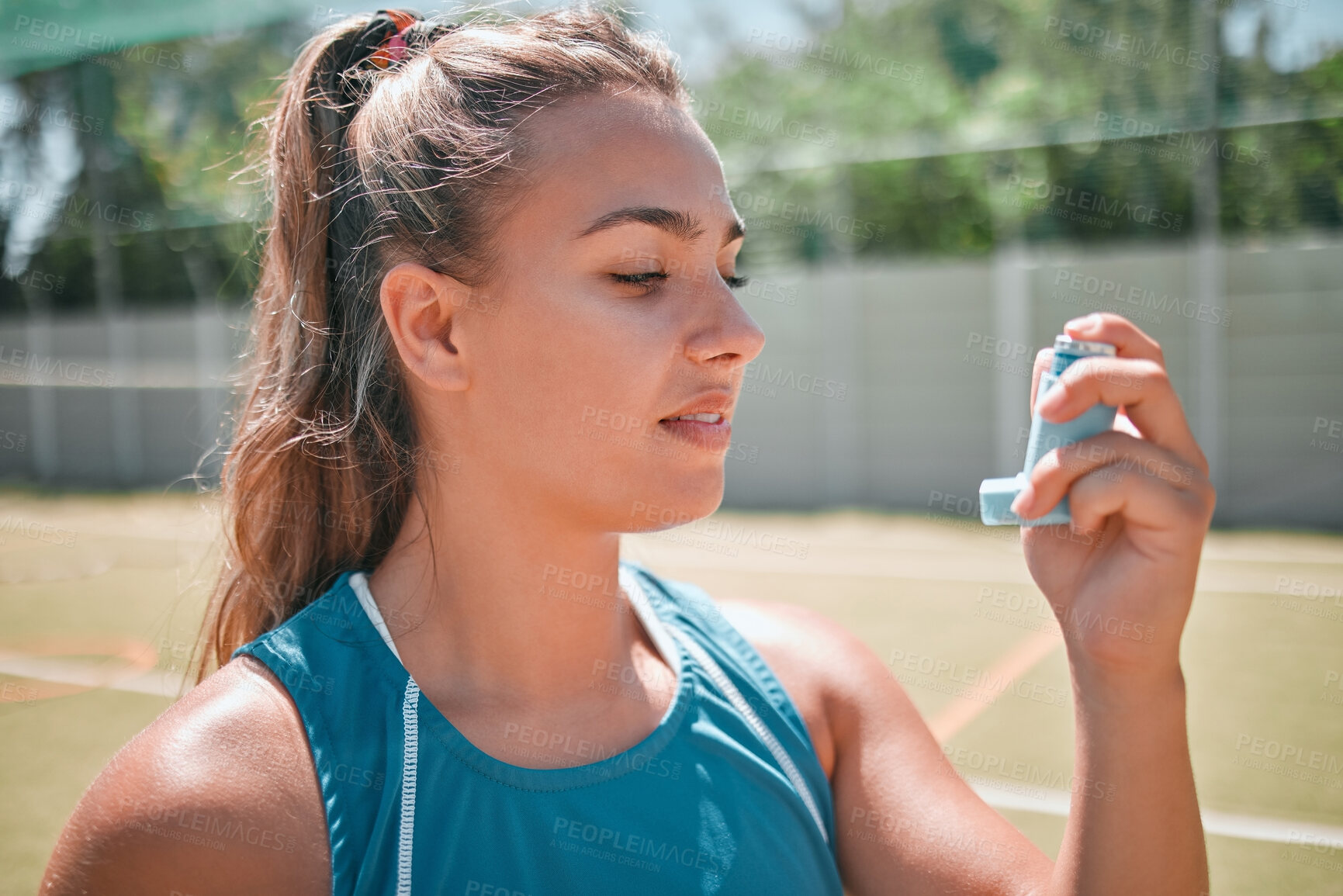 Buy stock photo Woman, fitness or medical asthma pump on tennis court in workout game, training or exercise competition challenge. Sports athlete, asthmatic person or healthcare medicine inhaler for tennis player