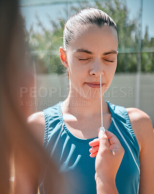 Buy stock photo Sports woman, covid or pcr test on court for fitness compliance, workout or training law for international competition. Athlete, covid 19 or cotton swab nose testing for badminton exercise compliance