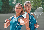 Badminton player women, outdoor in summer with racket and smile on court for training, exercise or game. Girl team portrait, happiness sport and shuttlecock in hand for fitness, wellness and health