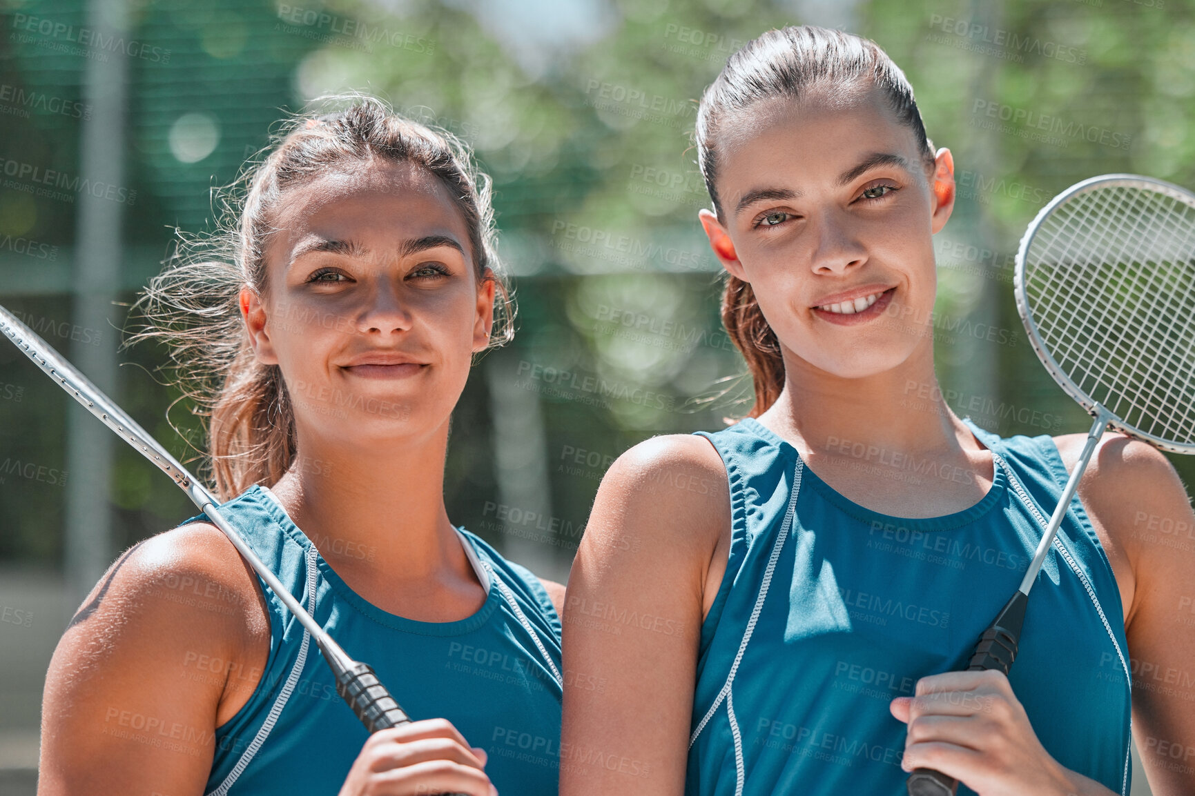 Buy stock photo Badminton, women and sports team on an outdoor court ready for exercise, training and game. Portrait of fitness, workout and happy woman athlete people together with a sport racket and smile 