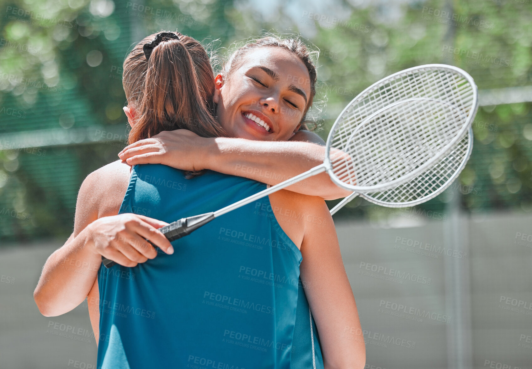 Buy stock photo Sport, tennis and women hug for congratulations and success, happy after game  with fitness on outdoor tennis court. Exercise, workout and sports match with tennis racket and happiness for winner.