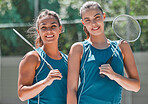 Badminton, women and sport team ready for game and exercise on an outdoor court. Portrait of a teamwork duo athlete group with a happy smile looking forward to racket fitness and strong training 