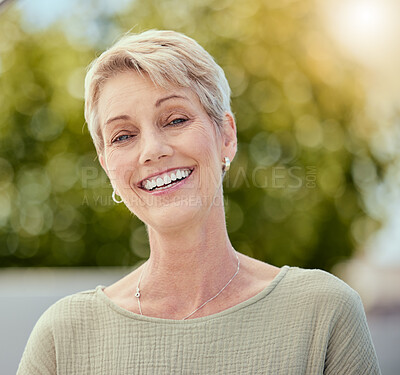 Buy stock photo Smile, garden and portrait of senior woman with happy healthy face relaxing in summer sun. Nature, health and wellness, outdoor freedom and relax in retirement with happiness in fun morning sunshine.