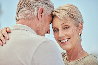 Buy stock photo Senior, elderly and couple smile with a hug, care and love together feeling happy. Portrait of woman and man in retirement smiling about relationship, marriage and happiness outdoor hugging