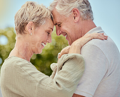 Buy stock photo Happy couple, retirement and hug in garden, park and outdoor for love, relax and break together in Australia. Romance, smile and senior man, woman and people with happiness, care and easy lifestyle