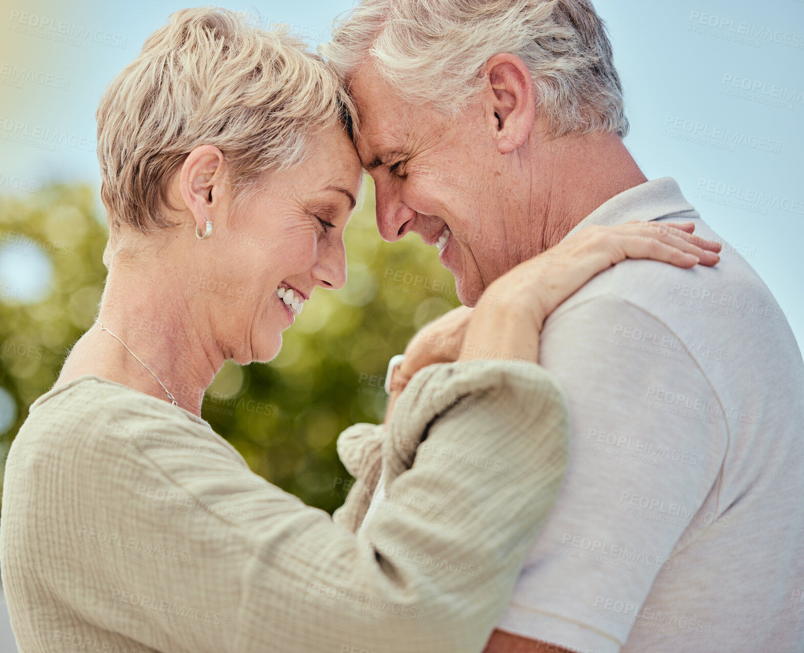 Buy stock photo Happy couple, retirement and hug in garden, park and outdoor for love, relax and break together in Australia. Romance, smile and senior man, woman and people with happiness, care and easy lifestyle