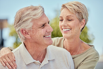 Buy stock photo Happy elderly couple, embrace smile and love sunshine together in retirement, vacation or summer outdoor. Senior man, bonding woman with happiness, care and hug while on holiday to relax in Florida