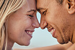 Love, happy couple smile and closeup together bonding on romantic vacation or honeymoon. Woman face, man and loving marriage or relax happiness for funny married lifestyle in sunshine outdoors
 
