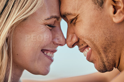 Buy stock photo Love, happy couple smile and closeup together bonding on romantic vacation or honeymoon. Woman face, man and loving marriage or relax happiness for funny married lifestyle in sunshine outdoors
 
